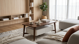 Rectangular coffee table fitted into an executive flat living room