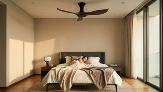 Efenz ceiling fan with wood blades in a modern Singapore bedroom with neutral bedding and warm natural light