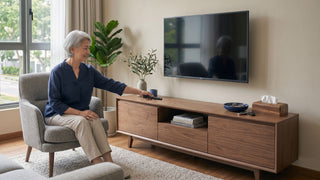 Elderly woman seated beside a wooden TV console with remote control within easy reach in a bright living room.