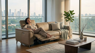 Woman relaxing on a beige electric recliner sofa in a bright Singapore condo living room with city views.