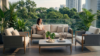 Woman relaxing on an Empire Resort outdoor sofa set with rattan-style seating, cream cushions and tropical balcony plants in Singapore