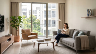 Empty-nester Singapore condo living room with grey sofa, leather lounge chair, coffee table, TV console, and large balcony windows.