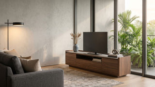 Engineered wood TV console in a Singapore living room with balcony plants and warm natural light.