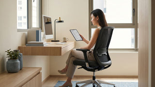 Woman using a tablet while seated on a black ergonomic mesh office chair in a compact Singapore home study.
