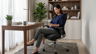Woman seated in a black ergonomic office chair beside a wooden desk in a bright Singapore home study.