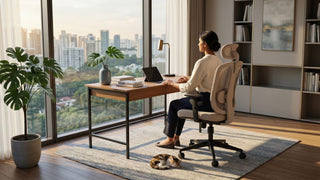 Woman sitting on a beige ergonomic office chair at a wooden desk in a bright Singapore home office with city views.