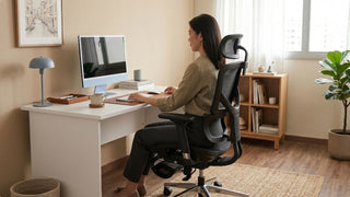 Ergonomic orthopedic office chair supporting seated posture at a compact study desk in a bright home office
