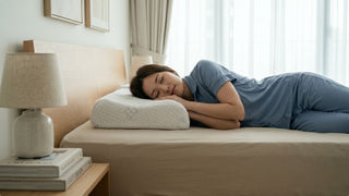 Woman resting on an ergonomic pillow for neck pain in a calm Singapore bedroom with neutral styling