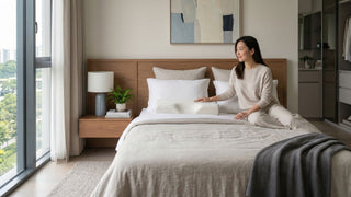 Woman placing an ergonomic pillow on a neutral bed in a Singapore condo bedroom with wooden headboard and soft daylight.