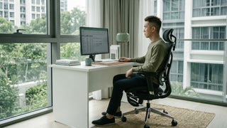 Man seated at an ergonomic study table with monitor and mesh office chair in a condo home office