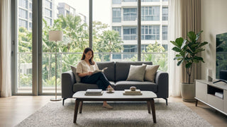 Woman reading on a grey sofa in a compact Singapore condo living room with Europace appliance styling and space-saving furniture.