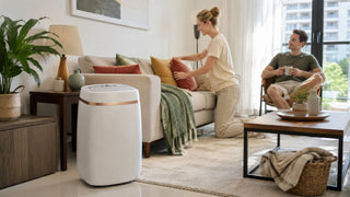 White dehumidifier in a bright Singapore living room with a relaxed home setting and warm modern decor