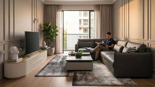 Man reading on a grey L-shaped sofa in an executive condo living room with cream TV console, coffee table, balcony, and soft natural light
