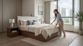 Executive Condo master bedroom with wooden storage bed, wardrobe, and clear walkway space