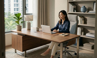 Woman working at a wooden executive desk in a modern Singapore home office with shelves and natural daylight