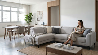 Spacious executive flat living room with sectional sofa, showing why large furniture should be measured before delivery.