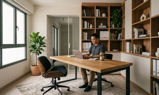 Executive HDB flat study room with wooden desk, built-in shelves, office chair and indoor plant.