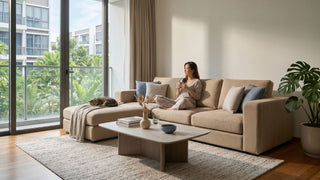 Woman relaxing on beige sofa with cat in a bright Singapore condo living room after relocating