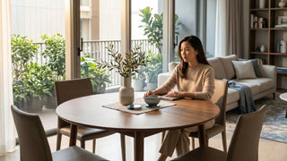 Asian woman seated at an extendable round wood dining table in a bright Singapore condo dining area.