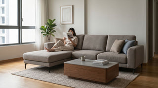 Woman reading on a grey extendable sofa in a bright Singapore HDB living room with coffee table and indoor plant.