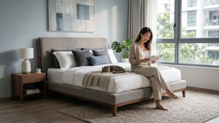 Woman reading on a fabric bed frame with a cat in a bright Singapore condo bedroom.