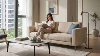 Woman reading on a beige fabric sofa in a bright Singapore condo living room