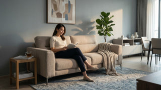 Woman reading on a beige fabric sofa in a Singapore living room with side table, plant, rug, and warm natural light.