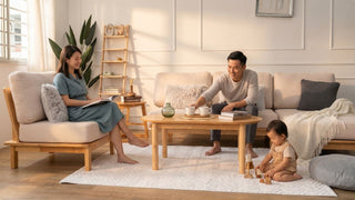 Family relaxing around a beige fabric sofa set with wooden frames, coffee table, rug, and child playing in a Singapore home