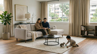 Family relaxing around a beige L-shaped sofa in a spacious Singapore HDB living room