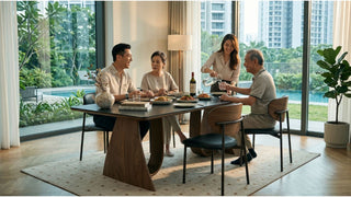 Family hosting a meal around a modern dining table set in a spacious Singapore home with garden views