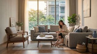 Mother and young child in a warm condo living room with durable sofa, rug, storage baskets and child-friendly furniture layout.