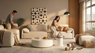 Couple arranging cushions on a cream sofa in a family-friendly Singapore living room with pet and soft neutral styling