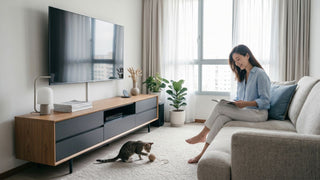Woman reading beside a wood and grey TV console with closed storage in a bright Singapore living room