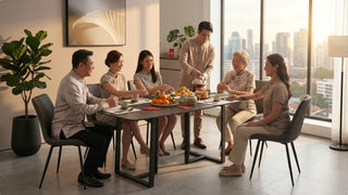 Family gathering around a modern dining table in a bright Singapore home during festive hosting