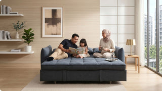 Family relaxing on a grey foldable sofa bed in a bright Singapore condo living room with child-friendly styling