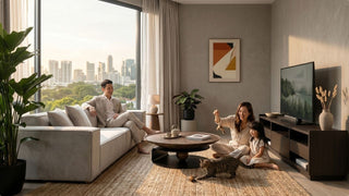 Family relaxing in a Japandi condo living room with cream sofa, round coffee table, TV console, plants, and warm natural light