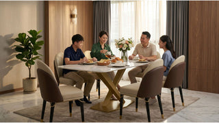 Family enjoying breakfast around a marble-look dining table in a warm modern Singapore dining room