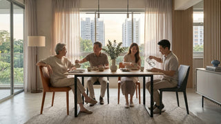 Family enjoying a meal on tan and black leather dining chairs around a compact dining table in a Singapore flat