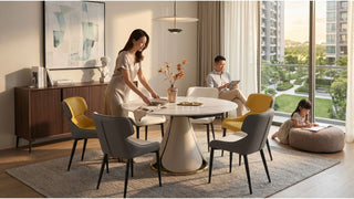 Family using a round sintered stone dining table in a modern Singapore dining area with warm natural light