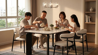 Family sharing a meal around a soft modern dining table with cream chairs and warm lighting