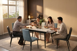 Family having breakfast at a standard height dining table in a modern Singapore home with mixed chairs and bright natural light