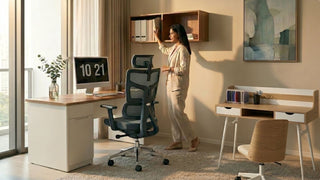 Family work from home setup with office desk, mesh chair, wall storage and child study table