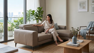 Modern faux leather sectional sofa in a bright Singapore apartment, demonstrating how synthetic leather furniture performs in humid tropical conditions.