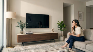 Woman sitting in a Singapore living room with a wall-mounted TV above a wooden TV console, showing a mid-range setup built for long-term use.