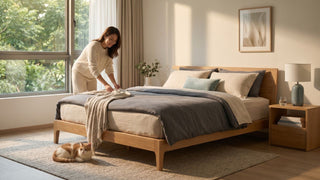 Woman arranging bedding on a flat wooden bed frame in a bright Singapore bedroom with a cat on the rug.