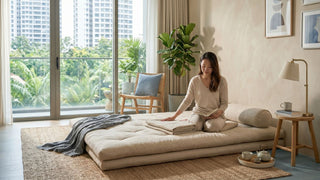 Woman reading on a beige floor mattress in a bright Singapore condo bedroom with balcony views and natural decor.