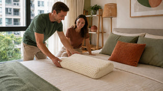 White couple arranging a foam contour pillow on a bed in a modern Singapore condo bedroom