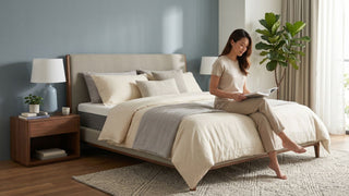 Woman reading on a foam mattress in a modern Singapore bedroom with upholstered bed frame and wooden bedside table