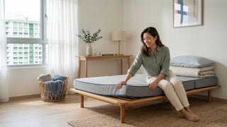 Woman checking a foldable single mattress on a wooden bed frame in a bright Singapore HDB bedroom.