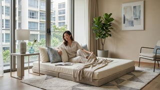 Woman sitting on a folding mattress styled as a floor bed in a bright Singapore condo bedroom with neutral bedding and plants.